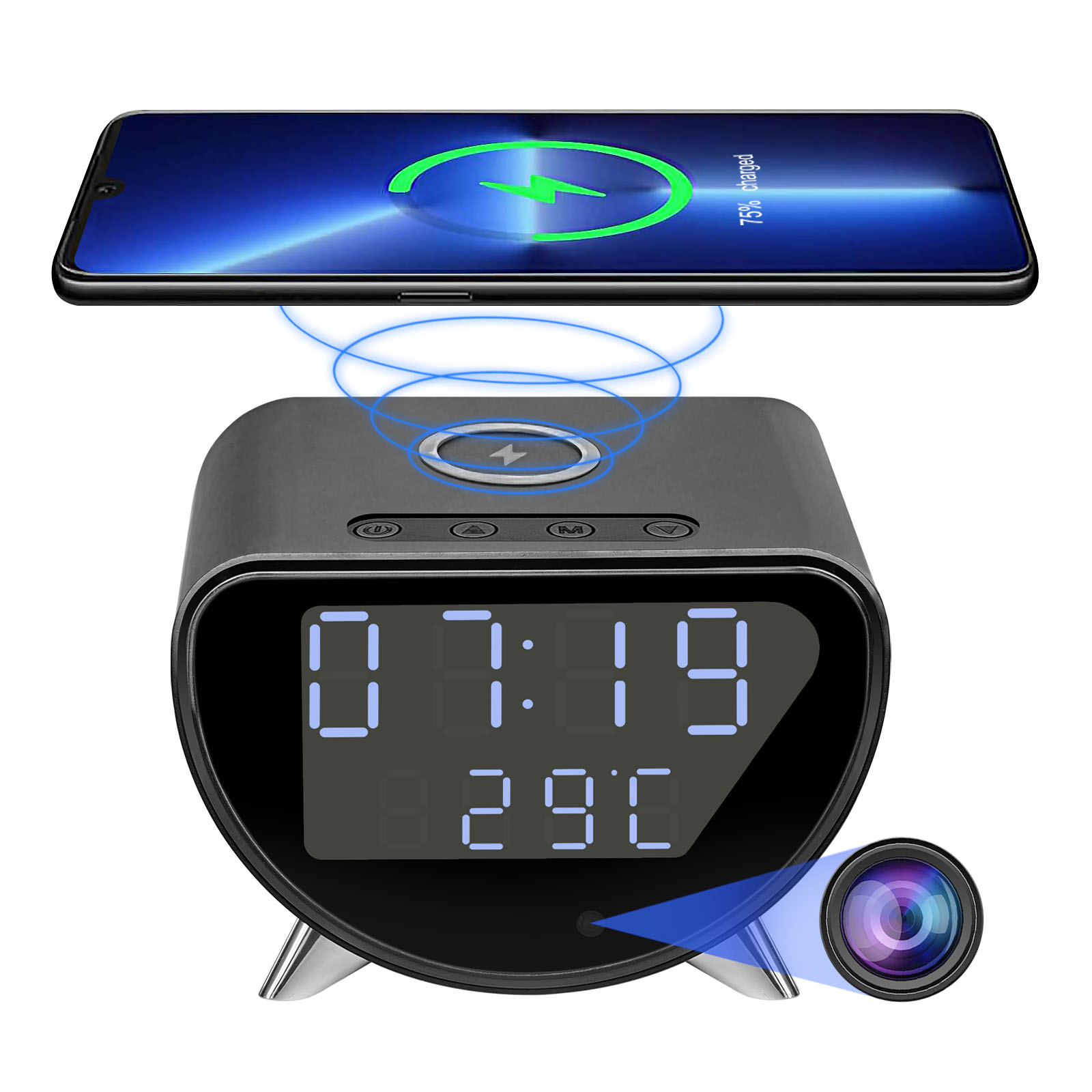 Hidden Camera Clock - ワイヤレス充電器付き WiFi クロックカメラ、4K HD、リモート視聴、動体検知、録画、アプリ、ホームセキュリティ用ナニーカム