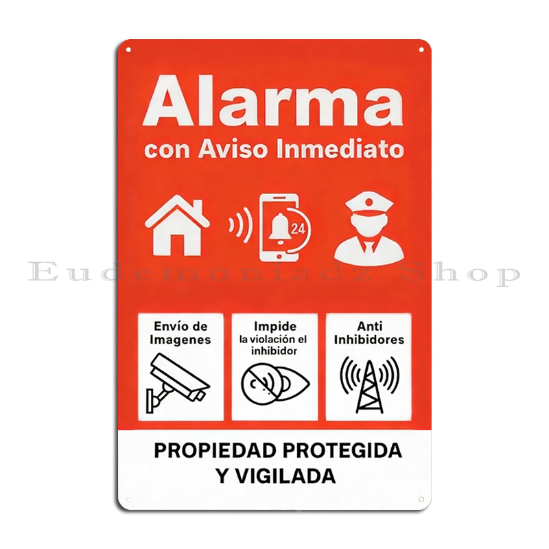 Home Security System - レトロ 24 時間警報システムメタルサインプラークヴィンテージスペインセキュリティ装飾アイコン付きレッドホームプレートブリキサインポスター