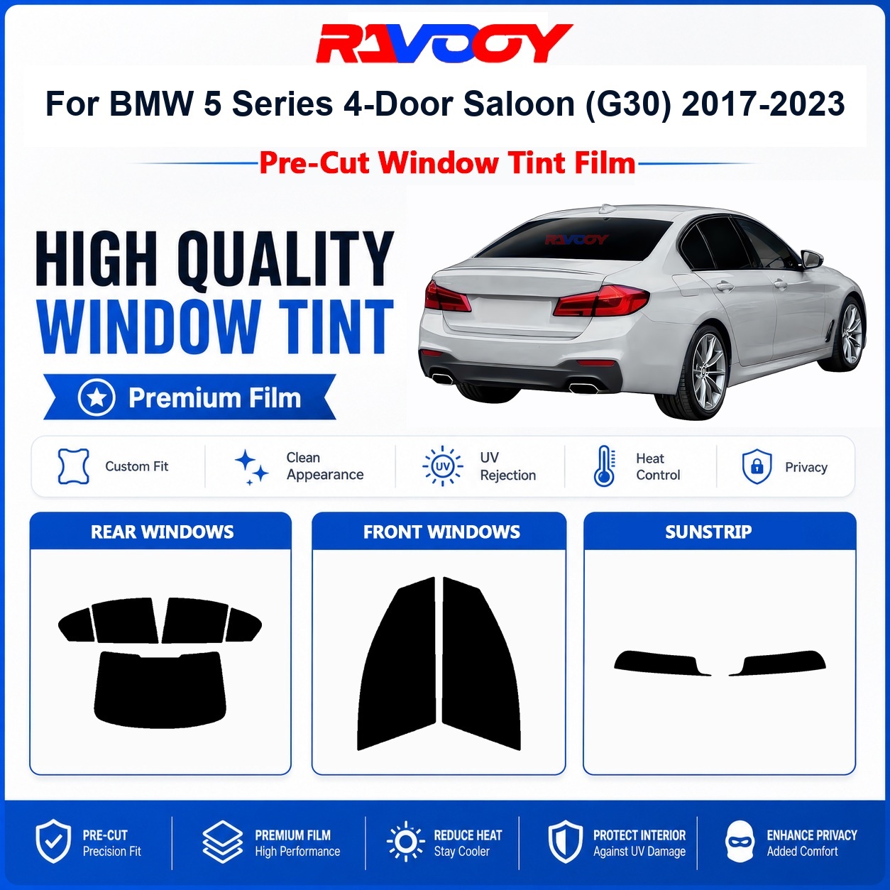 Home Security For Windows - BMW 5シリーズ 4ドアセダン (G30) 2017-2023 フロント＆リアウィンドウ用プレミアムプレカットウィンドウティント