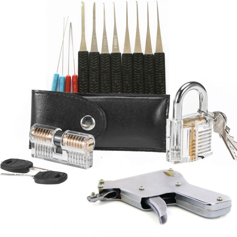 Lock Picking Set - 5 in 1ロック練習セット、ピッキング、壊れた鍵の取り外しセット、クリスタルロック2個、ロックガン、バッグロックツール15個付き
