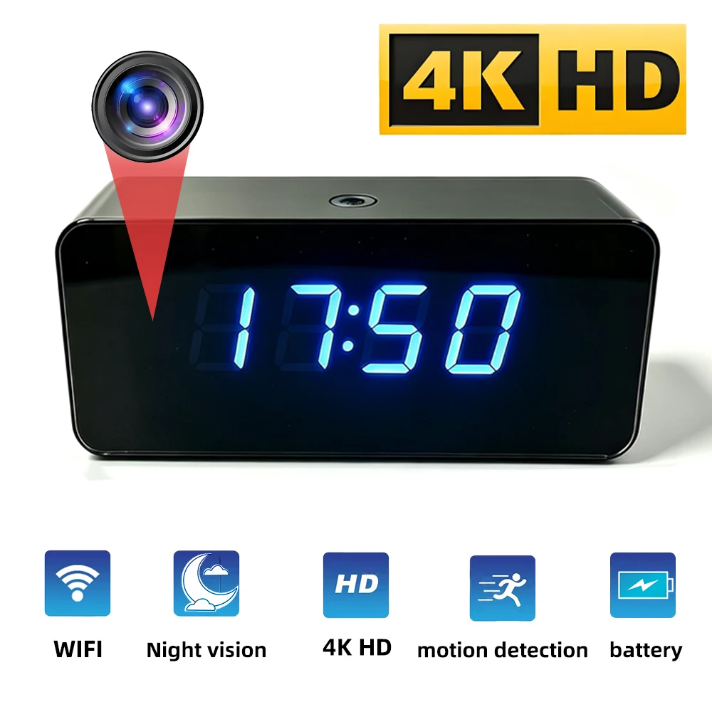 Hidden Camera Clock - 4K HD WiFiミニ時計カメラ、リモート視聴対応、動体検知機能、12個の赤外線ナイトビジョンライト搭載、家庭用ミニ4Kカメラ