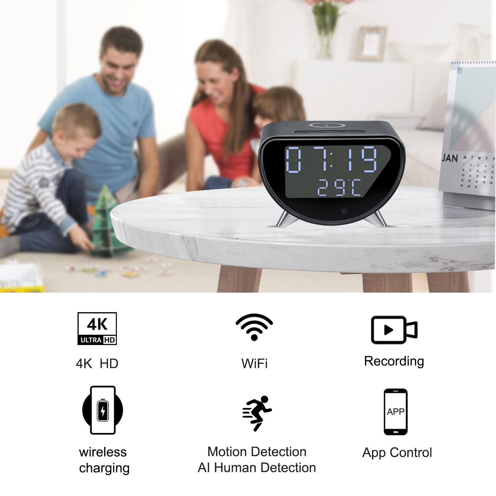 ワイヤレス充電器付き WiFi クロックカメラ、4K HD、 - Hidden Camera Clock のレビューと価格