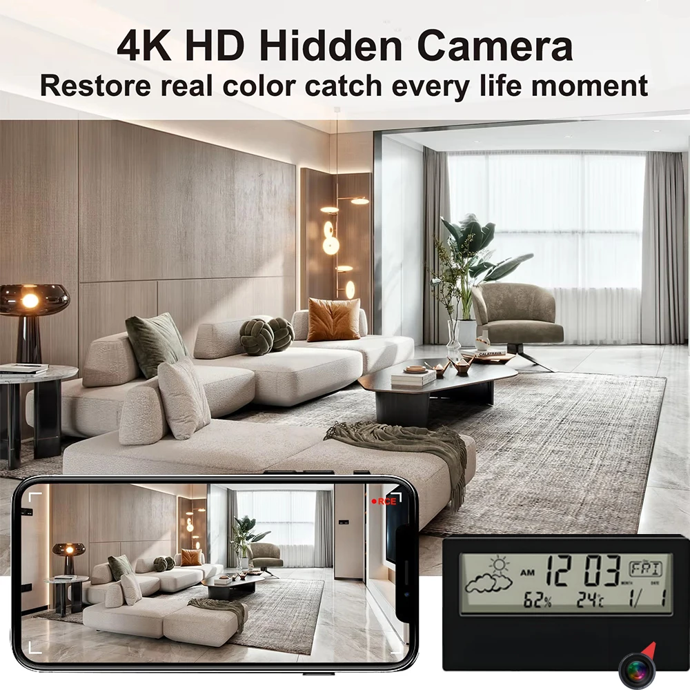 HD 4K新型ミニWiFiカメラ、遠隔視聴、動体検知、ループ - Hidden Camera Clock のレビューと価格